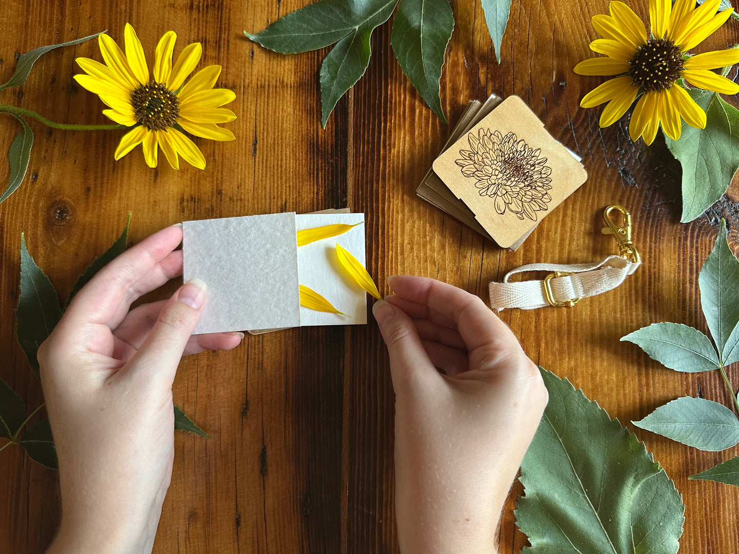 November Chrysanthemum Petal Press | Strap Micro Flower Press with Keychain Clip